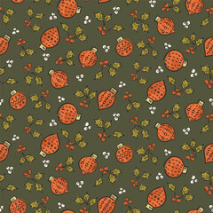 Holly baubles placed on an olive green background in a christmas palette of forest green,orange forming seamless vector pattern. Great for homedecor,fabric,wallpaper,giftwrap,stationery,packaging.
