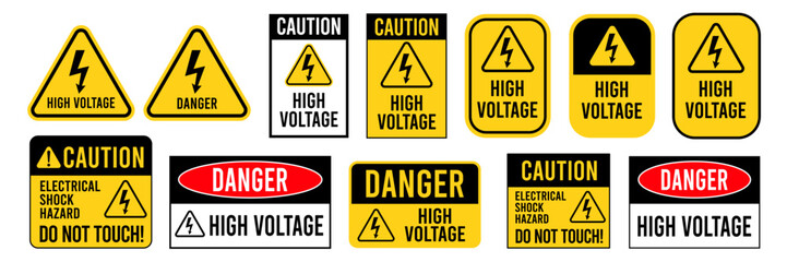 High Voltage Sign. Danger symbol. Black arrow isolated in yellow triangle on white background. Warning icon. Vector illustration