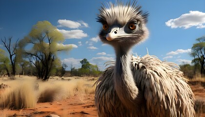 ostrich or emu  in the savannah - obrazy, fototapety, plakaty