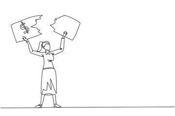 Single one line drawing businesswoman stood up and tore off banknotes held above her head. Failed to invest, suffered a lot of losses. Business failure. Continuous line design graphic illustration