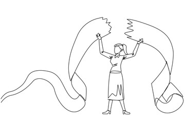 Continuous one line drawing businesswoman tore off billing paper held above his head. Failing to pay bills makes a businesswoman full of emotions. Failure. Single line draw design vector illustration