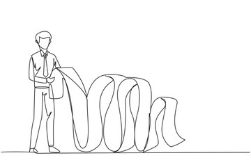 Single one line drawing of businessman held long billing paper dangling to floor with both hands. Worry about spending a lot of money because of large number of bill. Continuous line design graphic
