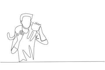 Continuous one line drawing of young energetic man hugging and carrying beloved cat on his shoulder. Happy young man playing with his beloved cat. Animal lovers. Single line draw vector illustration