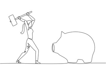 Single one line drawing businesswoman hits big piggy bank with big hammer. Responsible for paying off all bills by taking savings. Struggle for business. Continuous line design graphic illustration