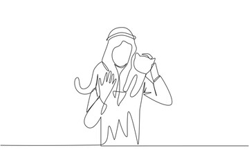Single continuous line drawing of young energetic Arabian man carrying cat on his shoulders. Happy man hugging his beloved pet on his shoulders. Animal lovers. One line design vector illustration