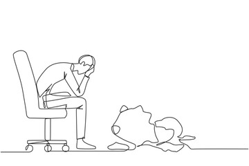 Single continuous line drawing of businessman sits pensively on office chair and in front is a broken piggy bank. Failing to save because have to pay large bills. One line design vector illustration