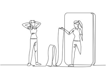 Continuous one line drawing of businesswoman standing facing businessman getting out of big smartphone holding long bill. Surprised by number of bills from business partners. Single line design vector