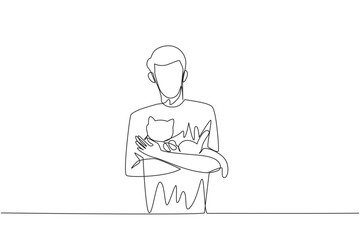 Single one line drawing of young happy man holding and cuddling his beloved cat. Owner pet loves his cat. Owner of feline animal petting it with love. Continuous line design graphic illustration