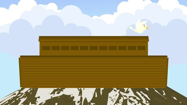 Cartoon Bible Illustration of a pigeon roaming outside the Noah's Ark