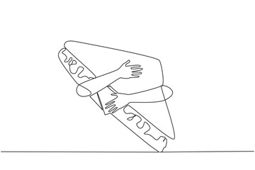 Continuous one line drawing of hands hugging sandwich. Two slices of bread sandwiched between meat, vegetables, cheese and a few other ingredients. Lunch menu. Single line design vector illustration