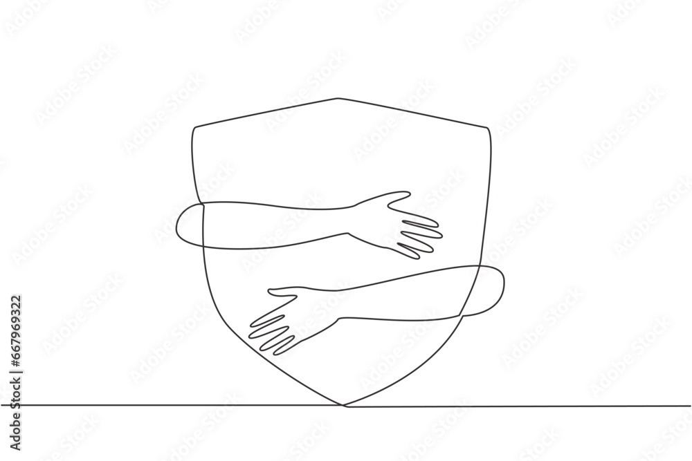 Poster continuous one line drawing human hands hugging shield. network security is needed in a business. pr