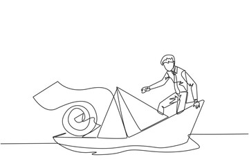 Single continuous line drawing of businessman boarded a paper boat loaded with rolls of paper bills and almost drowned. Spending more than income. Large pegs than poles. One line vector illustration
