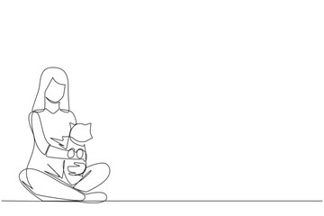 Continuous one line drawing of young beautiful woman sitting cross-legged hugging a little cat. Caring for his favorite pet cat with great joy. Animal lovers. Single line design vector illustration