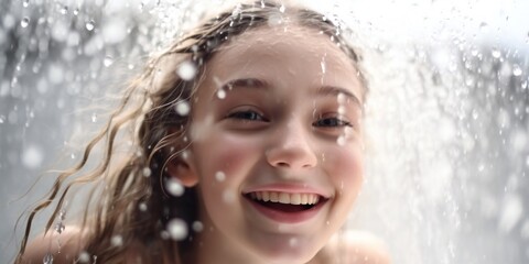 Fototapeta premium Beautiful happy young girl in fresh shower on white background Generative AI