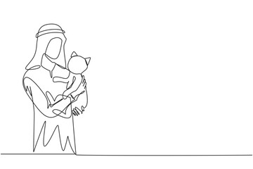 Single continuous line drawing young handsome Arabian man  holding his cute cat. Male pet owner plays with little cat. Happy Arab man holding cute kitty. Caring animals. One line vector illustration