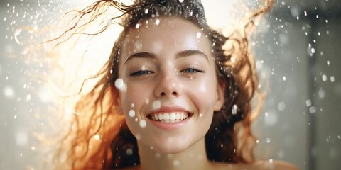 Beautiful happy young girl in fresh shower on white background Generative AI - obrazy, fototapety, plakaty