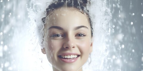 Fototapeta premium Beautiful happy young girl in fresh shower on white background Generative AI