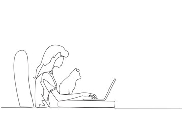 Single continuous line drawing of beautiful woman sitting and hugging a cat while typing on laptop. The cute cat is looking at the laptop screen. Animal lovers. One line design vector illustration