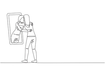 Single continuous line drawing of young beautiful woman stand in front of mirror. Her reflection get out of mirror and hug each other. Caring. Self love concept. One line design vector illustration