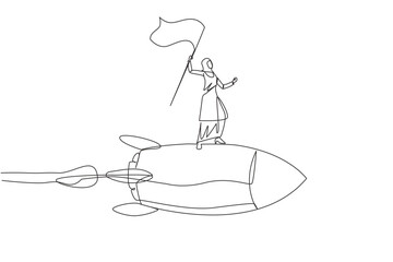 Single one line drawing of successful Arabian businesswoman standing on flying rocket through the sky raising the flag. Entrepreneur starting a new business startup. Continuous line design graphic