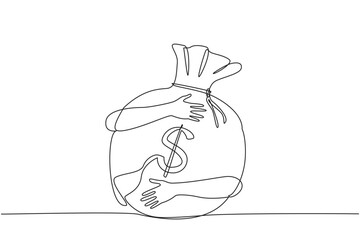 Single continuous line drawing of hands hugging big money bag. Successful entrepreneurs take advantage of existing opportunities to collect a lot of money. Wealth concept. One line vector illustration