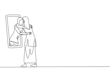 Single continuous line drawing of young Arabian woman stand in front of mirror. Her reflection get out of mirror and hug each other. Accepting one body and soul. One line design vector illustration