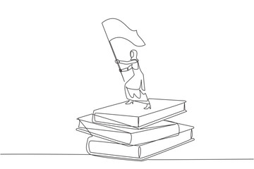Continuous one line drawing of Arabian businesswoman standing on stacks of giant books raising flag. Reading improves her skills in business world to become a successful entrepreneur. Single line draw