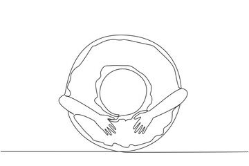 Single continuous line drawing of hands hugging donut. Cake that has a characteristic form of a hole in the middle. Made from wheat flour which has meses topping on top. One line vector illustration