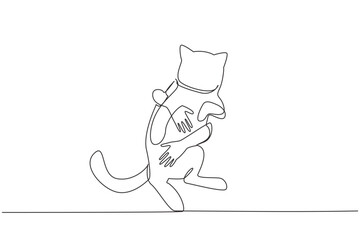 Single one line drawing of human hands hugging a cute cat. Play with little funny cat. Help the homeless animals find a home. Concept of caring animals. Continuous line design graphic illustration