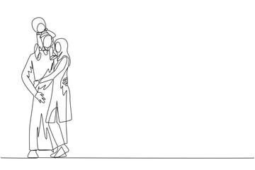 Single one line drawing of young beauty Arabian woman hug her handsome husband who is holding their pretty daughter on shoulders hug. Love. Happy Arabian family concept. Continuous line design graphic
