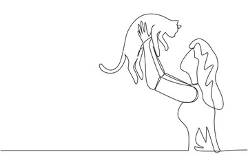 Continuous one line drawing of young beautiful woman with casual t-shirt holding cute cat. Woman pet owner plays with little cat. Concept of caring animals. Single line draw design vector illustration