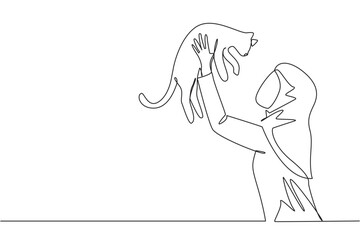 Continuous one line drawing of young beauty Arabian woman holding her cute cat. Woman pet owner plays with little cat. Happy woman holding cute kitty. Caring animals. Single line draw design vector