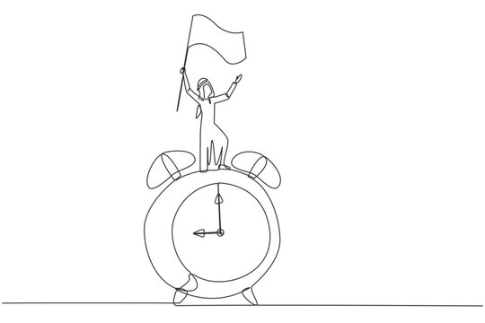 Single one line drawing of young Arabian businessman standing on giant alarm clock raising flag in the hand. Enjoy business success when the deadline ends. Continuous line design graphic illustration