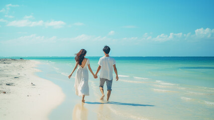 手をつないで浜辺を歩く若いカップル - obrazy, fototapety, plakaty