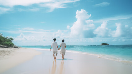 手をつないで浜辺を歩く若いカップル - obrazy, fototapety, plakaty