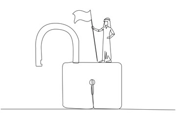 Continuous one line drawing of Arabian businessman standing on big open padlock holding flag. Successful businessman find loopholes in a web to hack it. Vulnerable security. Single line design vector