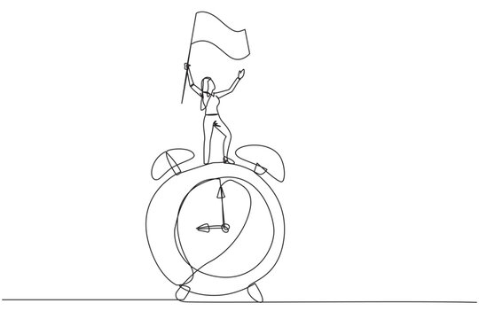 Single one line drawing young businesswoman standing on giant alarm clock raising flag in the hand. Enjoy business success when the deadline ends. Triumph. Continuous line design graphic illustration