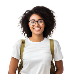 Black female American student smiling happily on PNG transparent background - obrazy, fototapety, plakaty