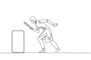 Obraz premium Single one line drawing of Arabian businesswoman holds magnifying glass look at smartphone. Take advantage of latest technology for convenience of doing business. Continuous line graphic illustration