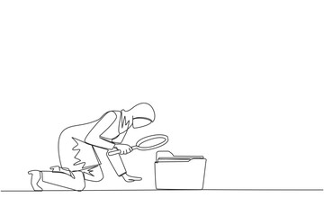 Continuous one line drawing Arabian businesswoman holds magnifying glass highlighting folder icon. Look for old files are still important to move to a safer place. Single line draw vector illustration