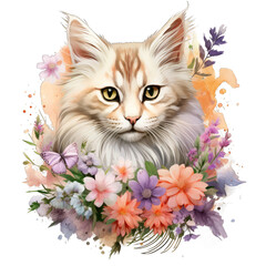 Watercolor cute hand drawn Cat, kitten in floral, flowers bouquet