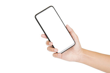 Empty screen phone in hand isolated on white background with clipping path, blank screen mobile