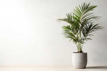 clean interior with stand and palm tree plant on empty white wall background for text