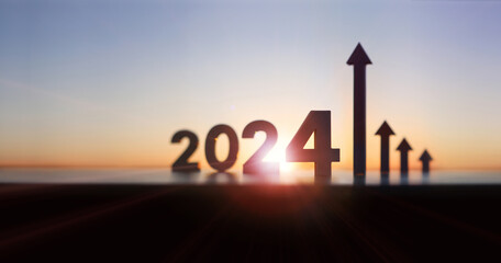 Arrows and graphs rising high, 2024 new year sunrise and bright rising sun and stock finance...