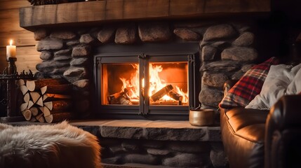 Warm cozy fireplace with real wood burning in it. Cozy winter concept.