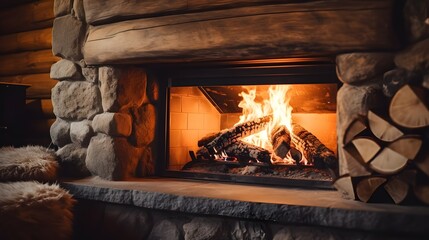 Warm cozy fireplace with real wood burning in it. Cozy winter concept.