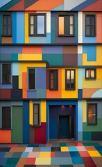 a colorful building with a door and windows.