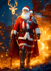 Santa Claus in armour with a large sorcerer's staff with a fire in the night background