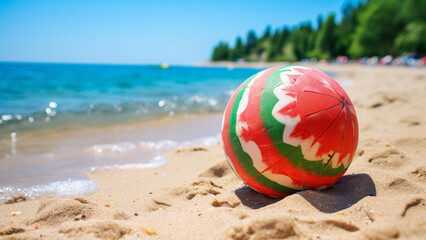 Fototapeta na wymiar 砂浜に置かれたビーチボール