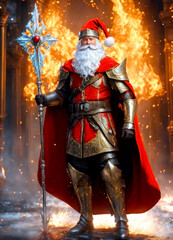 Santa Claus in armour with a large sorcerer's staff with a fire in the night background